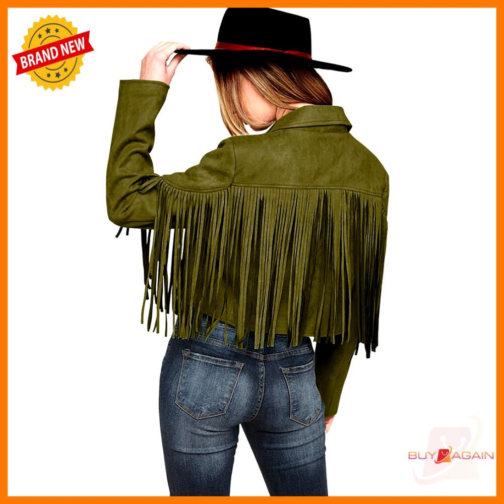 Faux Suede Cropped Motorcycle Jacket With Fringe Tassel Design Slim Fit